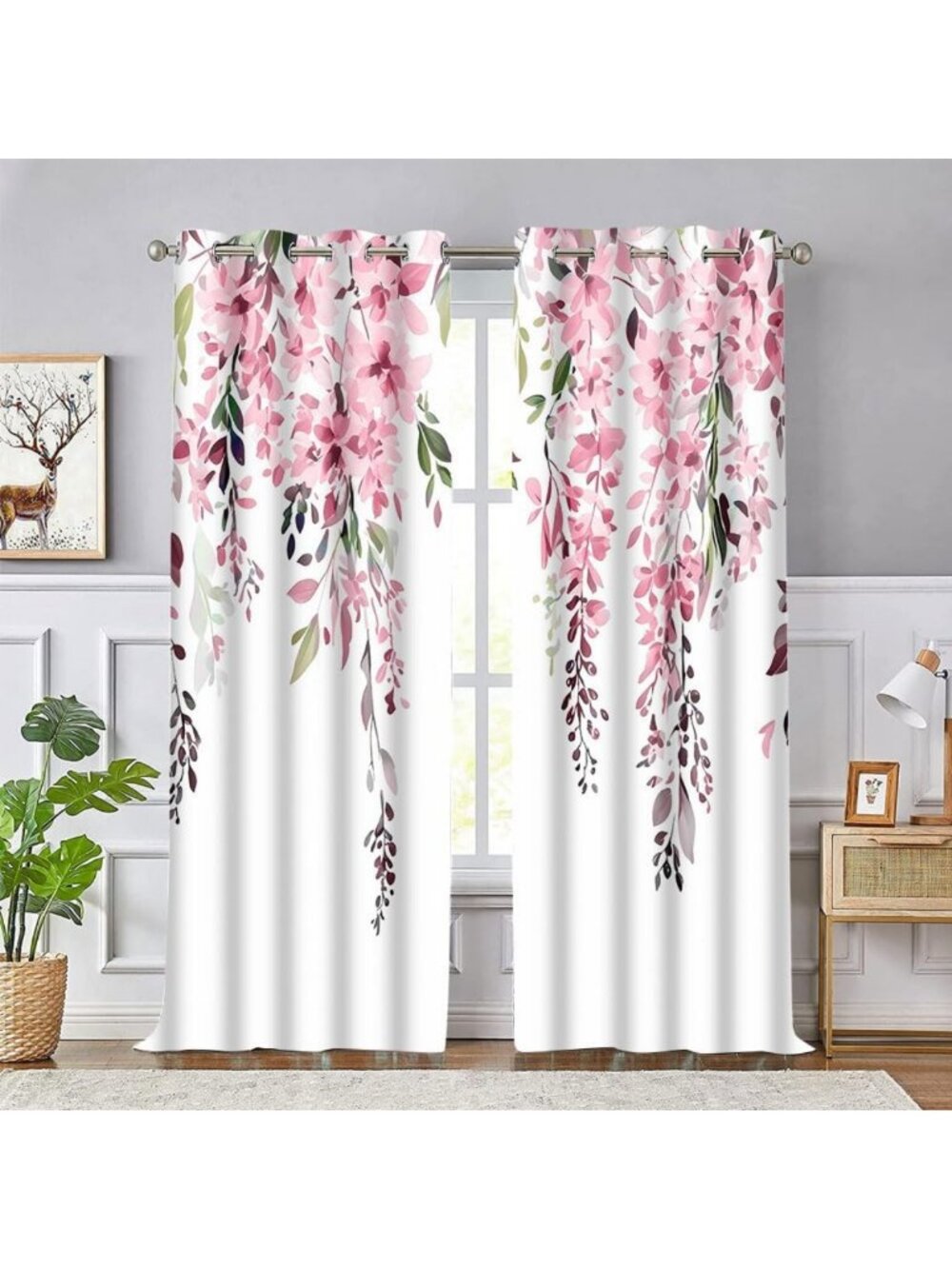 Pink Watercolor Floral Curtains - 42x84 Inch, Set of 2 Decorative Panels
